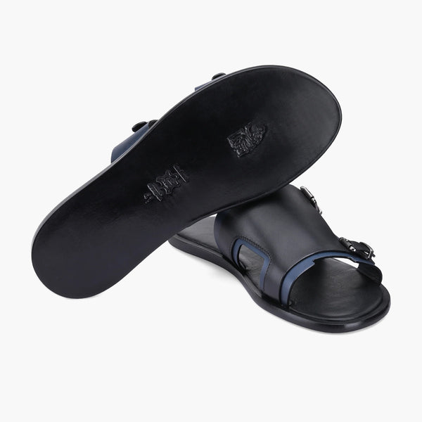 Мужские кожаные сандалии чёрно-синего цвета