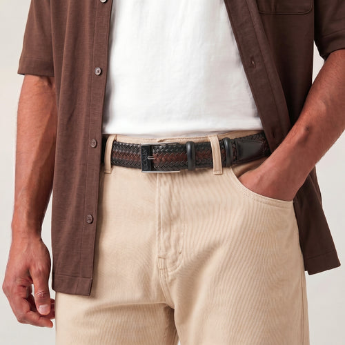Мужской плетёный кожаный ремень с коричневой патиной